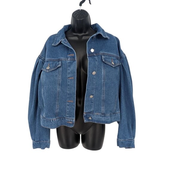 Idem Ditto Oversized Denim Jean Jacket Women Size L Puff Sleeve Button Up Retro - Picture 1 of 10